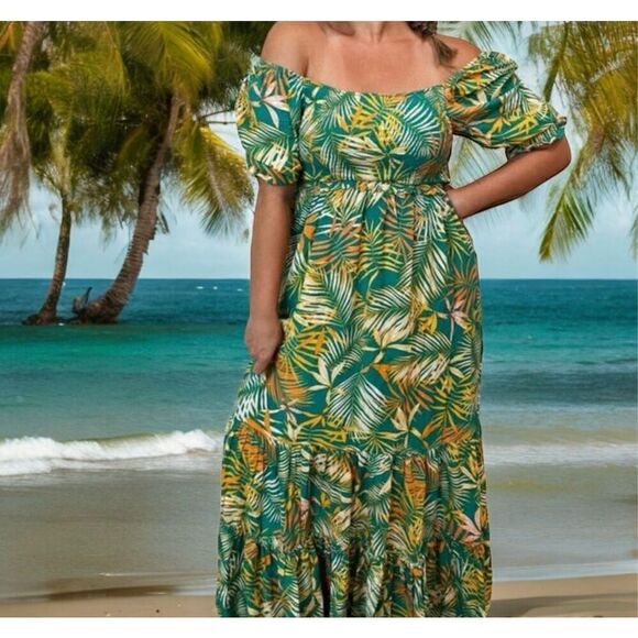 Betsey Johnson Dresses & Skirts - Betsey Johnson XL  Maxi Dress Square‎ Neck Puff Sleeves Tropical Pepper Green